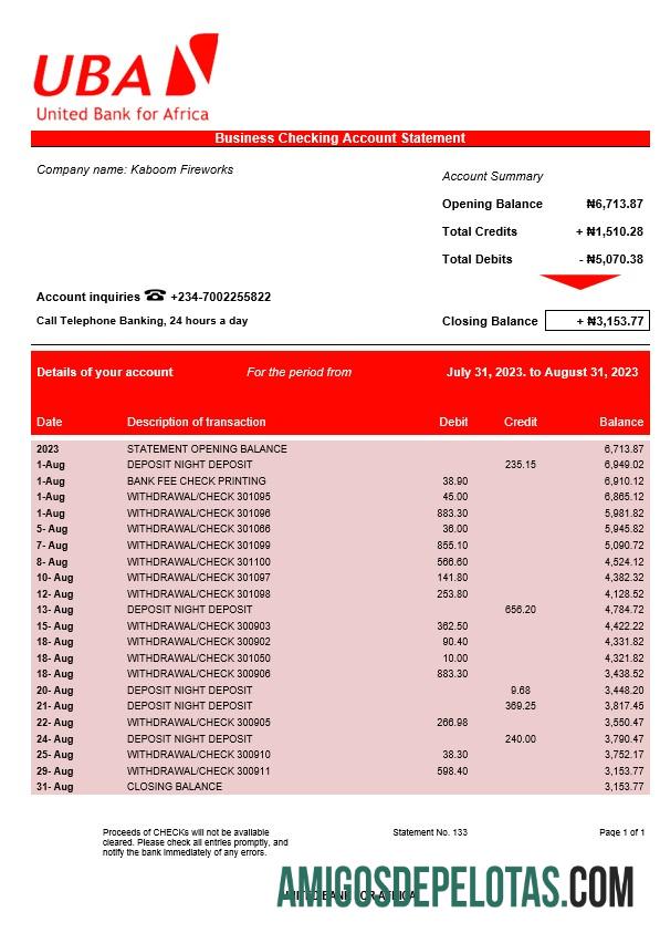 Modelo Word e PDF do extrato da conta da organização Realista United Bank For Africa
